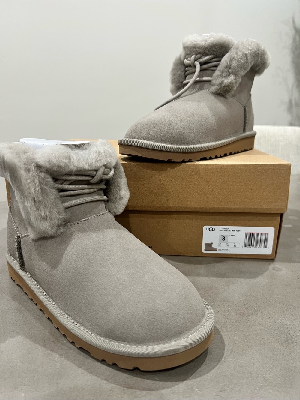 UGG Kids Classic Mini Posy Grey Suede Ankle Boots- Kids size 3/ women’s size 5